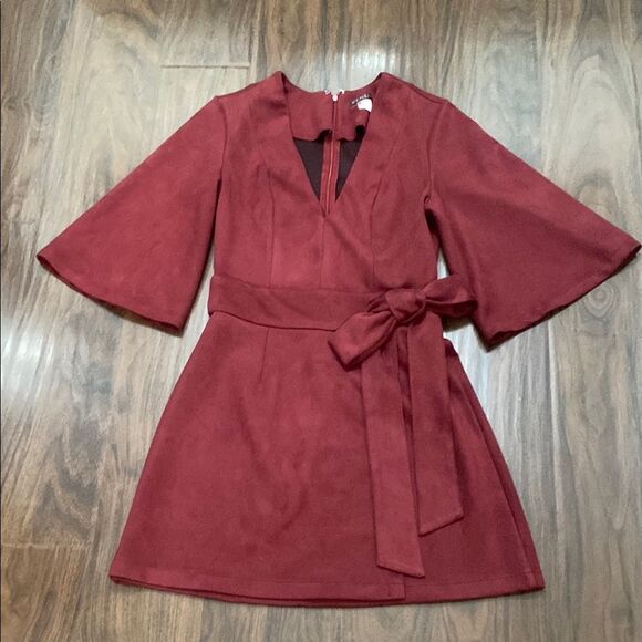 VENUS Faux Suede Maroon A-line Dress with Bell Sleeves - Picture 1 of 10